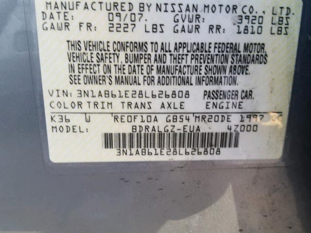 3N1AB61E28L626808 - 2008 NISSAN SENTRA 2.0 GRAY photo 10