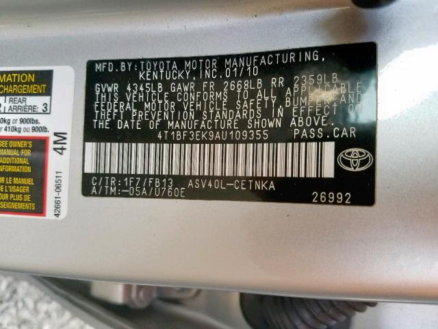 4T1BF3EK9AU109355 - 2010 TOYOTA CAMRY BASE SILVER photo 10