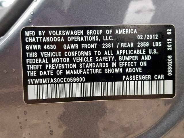 1VWBM7A30CC059600 - 2012 VOLKSWAGEN PASSAT SE GRAY photo 10