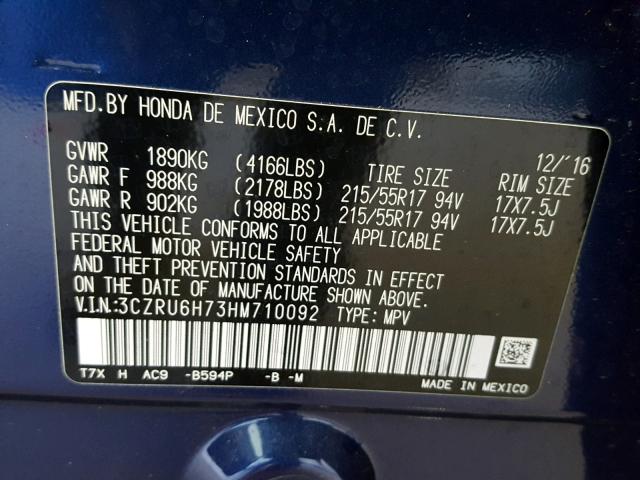 3CZRU6H73HM710092 - 2017 HONDA HR-V EXL BLUE photo 10