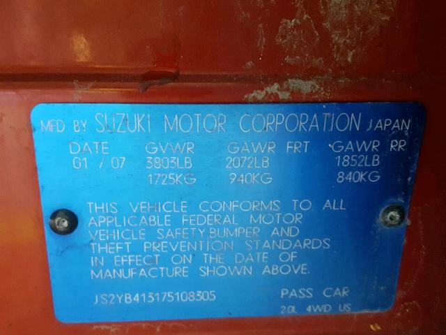 JS2YB413175108305 - 2007 SUZUKI SX4 GOLD photo 10