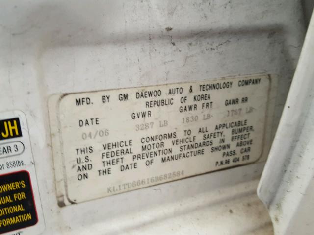 KL1TD66616B682584 - 2006 CHEVROLET AVEO BASE Ақ фото 10