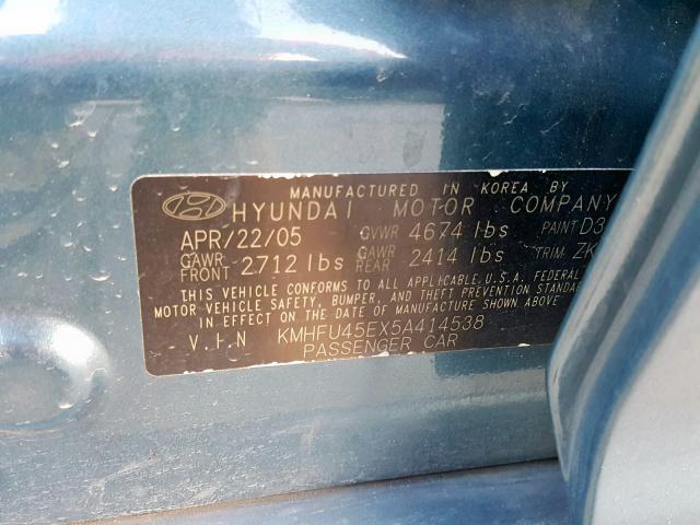 KMHFU45EX5A414538 - 2005 HYUNDAI XG 350 TEAL photo 10