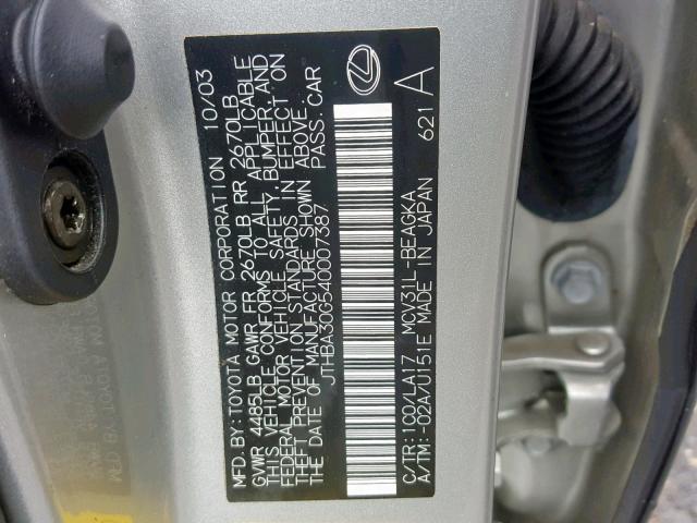 JTHBA30G540007387 - 2004 LEXUS ES 330 SILVER photo 10