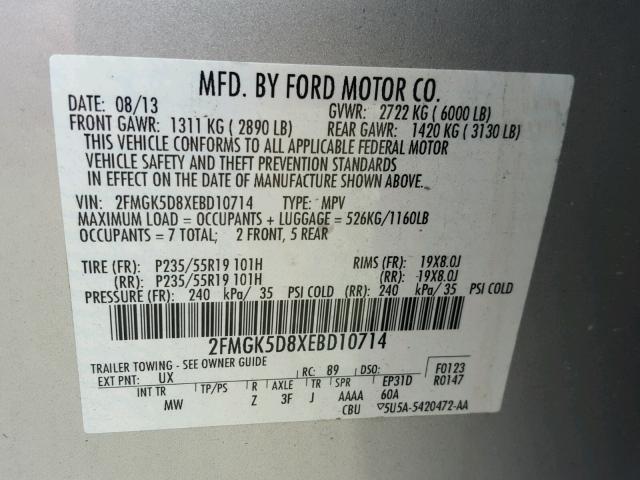 2FMGK5D8XEBD10714 - 2014 FORD FLEX LIMIT SILVER photo 10