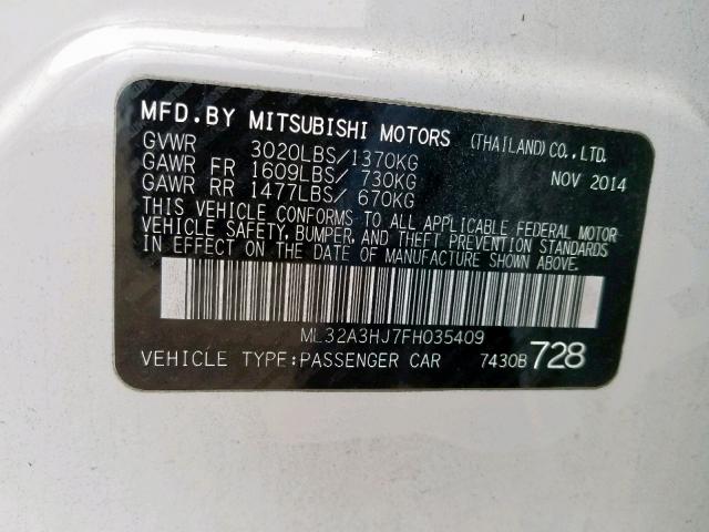 ML32A3HJ7FH035409 - 2015 MITSUBISHI MIRAGE DE WHITE photo 10