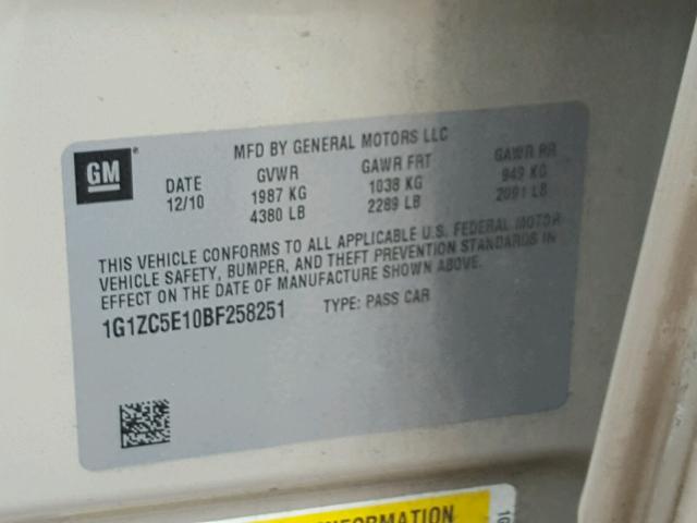 1G1ZC5E10BF258251 - 2011 CHEVROLET MALIBU 1LT BEIGE photo 10