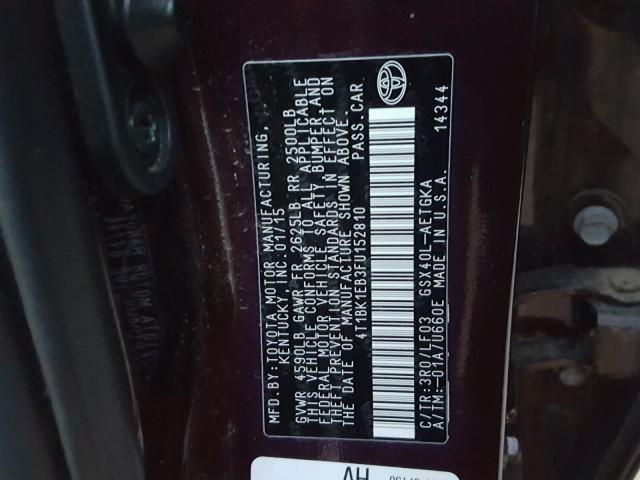 4T1BK1EB3FU152810 - 2015 TOYOTA AVALON XLE MAROON photo 10