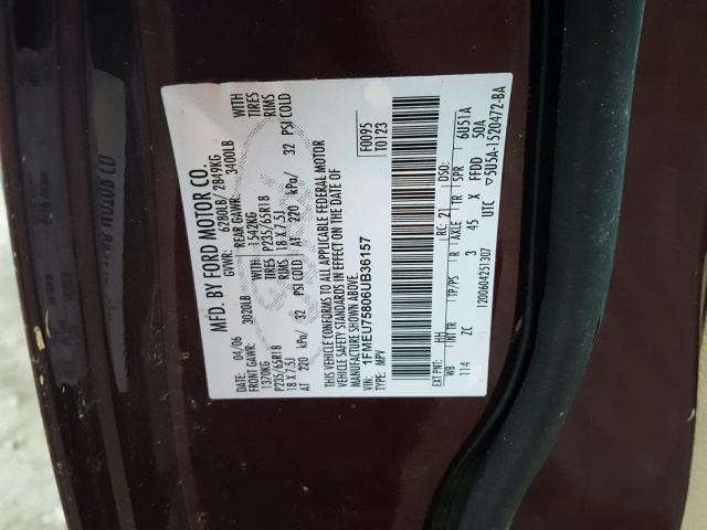 1FMEU75806UB36157 - 2006 FORD EXPLORER L MAROON photo 10