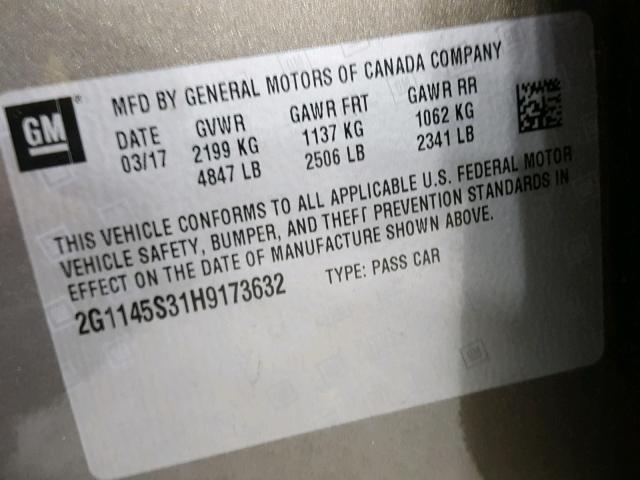 2G1145S31H9173632 - 2017 CHEVROLET IMPALA PRE GRAY photo 10