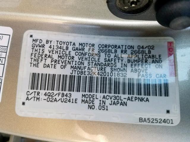 JTDBE32K420101832 - 2002 TOYOTA CAMRY LE GOLD photo 10
