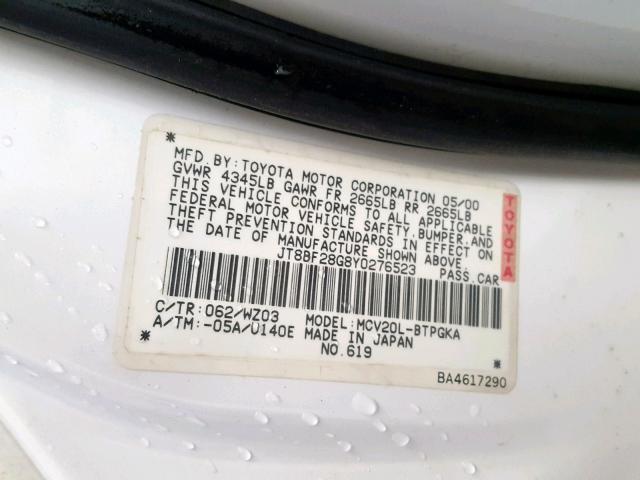 JT8BF28G8Y0276523 - 2000 LEXUS ES 300 WHITE photo 10