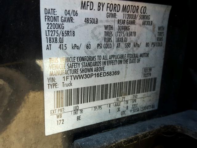 1FTWW30P16ED58369 - 2006 FORD F350 SRW S BLACK photo 10