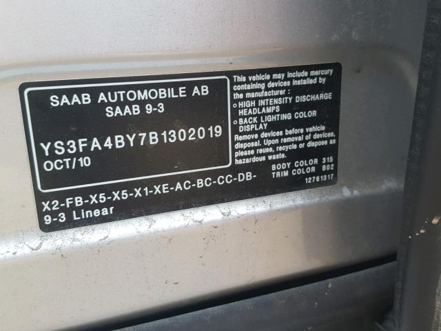 YS3FA4BY7B1302019 - 2011 SAAB 9-3 2.0T SILVER photo 10