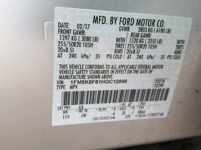 1FM5K8F81HGC12898 - 2017 FORD EXPLORER L SILVER photo 10