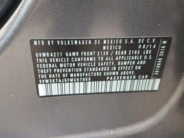 3VW2K7AJ5FM207859 - 2015 VOLKSWAGEN JETTA BASE 灰色 照片 10