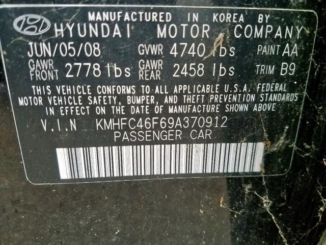 KMHFC46F69A370912 - 2009 HYUNDAI AZERA SE BLACK photo 10