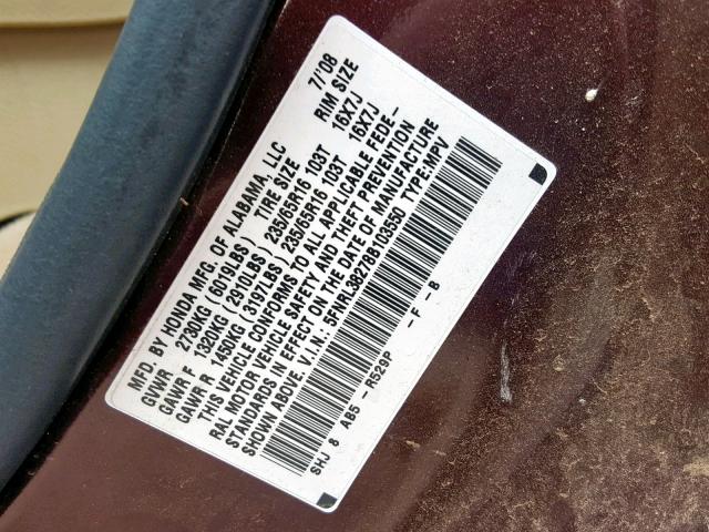 5FNRL38278B103550 - 2008 HONDA ODYSSEY LX MAROON photo 10