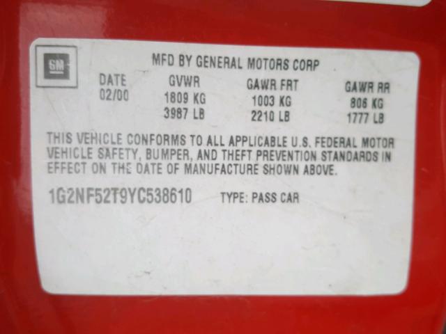 1G2NF52T9YC538610 - 2000 PONTIAC GRAND AM S RED photo 10