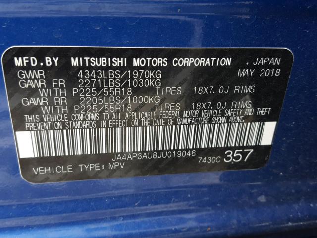 JA4AP3AU8JU019046 - 2018 MITSUBISHI OUTLANDER BLUE photo 10