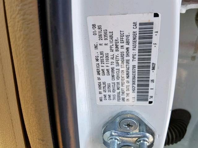 1HGCP36838A030799 - 2008 HONDA ACCORD EXL WHITE photo 10