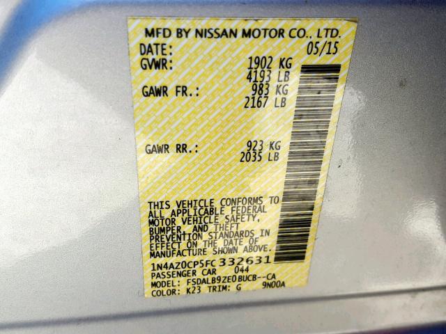 1N4AZ0CP5FC332631 - 2015 NISSAN LEAF S SILVER photo 10