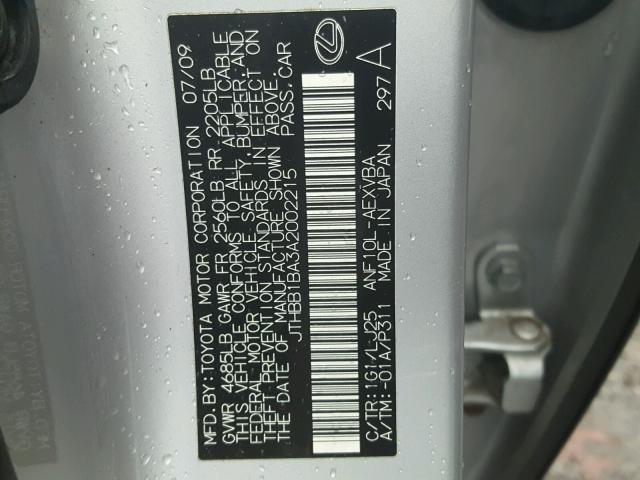 JTHBB1BA3A2002215 - 2010 LEXUS HS 250H SILVER photo 10