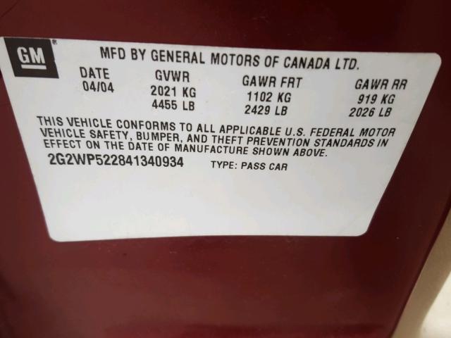 2G2WP522841340934 - 2004 PONTIAC GRAND PRIX RED photo 10