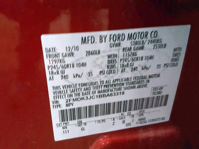 2FMDK3JC1BBA63319 - 2011 FORD EDGE SEL RED photo 10