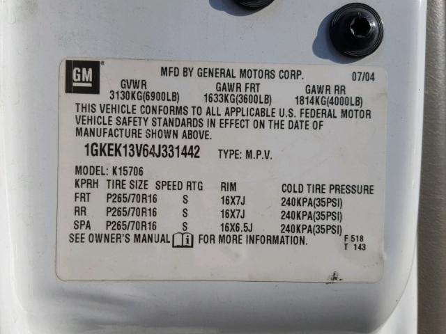 1GKEK13V64J331442 - 2004 GMC YUKON WHITE photo 10