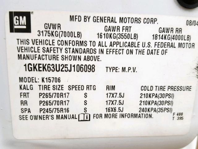 1GKEK63U25J106098 - 2005 GMC YUKON DENA WHITE photo 10