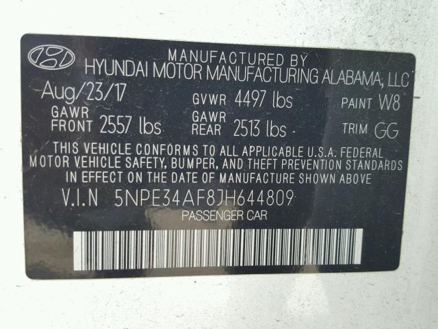 5NPE34AF8JH644809 - 2018 HYUNDAI SONATA SPO WHITE photo 10