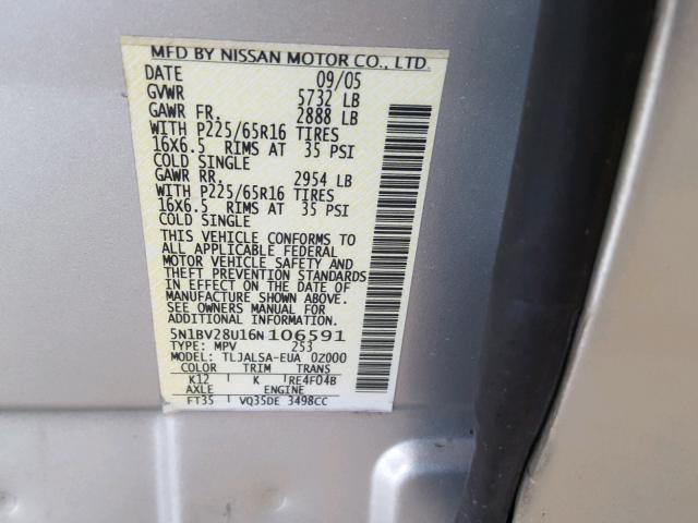 5N1BV28U16N106591 - 2006 NISSAN QUEST S SILVER photo 10