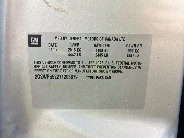 2G2WP552271203679 - 2007 PONTIAC GRAND PRIX SILVER photo 10