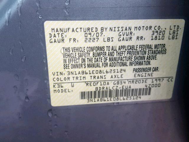 3N1AB61E08L625124 - 2008 NISSAN SENTRA 2.0 SILVER photo 10