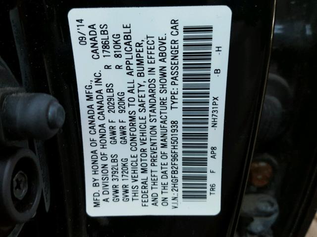 2HGFB2F96FH501938 - 2015 HONDA CIVIC EXL BLACK photo 10