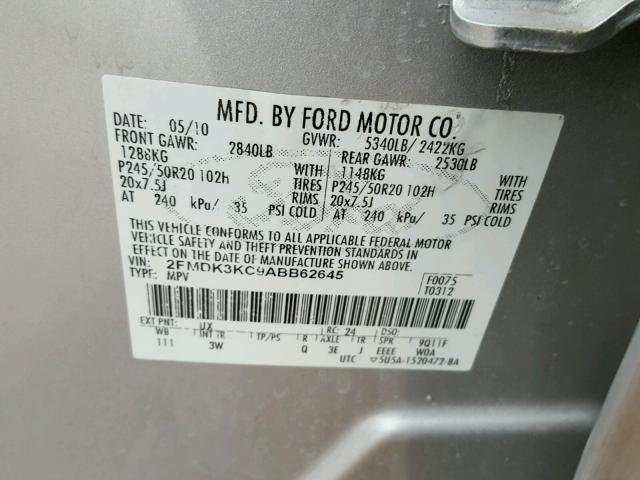 2FMDK3KC9ABB62645 - 2010 FORD EDGE LIMIT SILVER photo 10