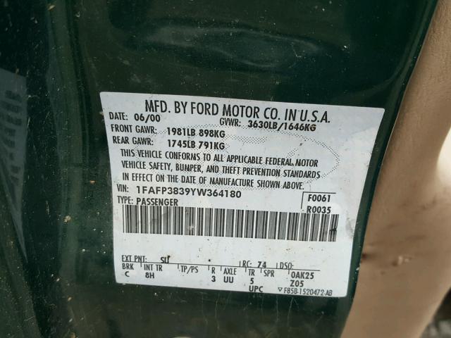 1FAFP3839YW364180 - 2000 FORD FOCUS ZTS GREEN photo 10