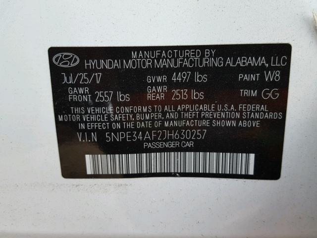 5NPE34AF2JH630257 - 2018 HYUNDAI SONATA SPO WHITE photo 10