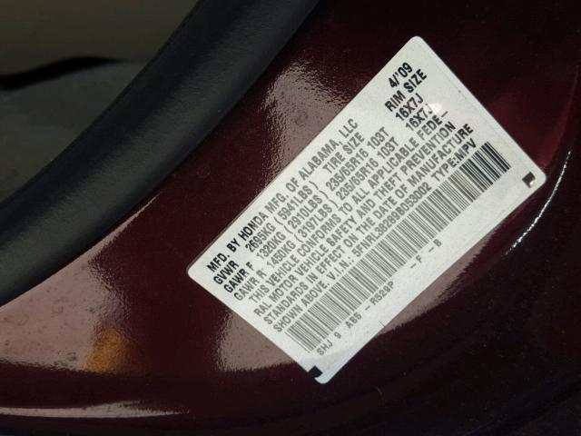 5FNRL38289B053002 - 2009 HONDA ODYSSEY LX MAROON photo 10