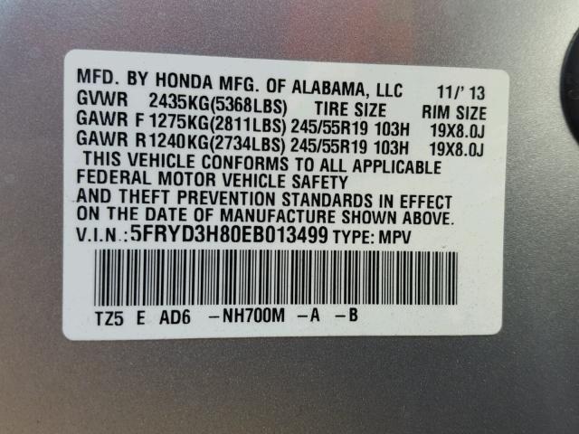 5FRYD3H80EB013499 - 2014 ACURA MDX ADVANC SILVER photo 10