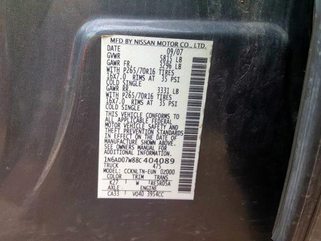 1N6AD07W88C404089 - 2008 NISSAN FRONTIER C GRAY photo 10