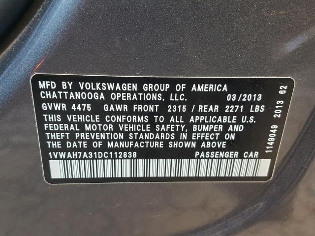 1VWAH7A31DC112838 - 2013 VOLKSWAGEN PASSAT S GRAY photo 10