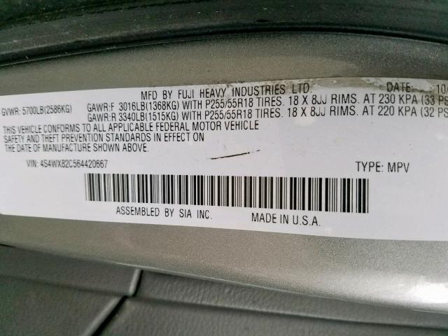 4S4WX82C564420667 - 2006 SUBARU B9 TRIBECA GRAY photo 10