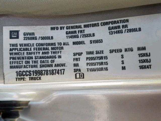 1GCCS199878187417 - 2007 CHEVROLET COLORADO SILVER photo 10