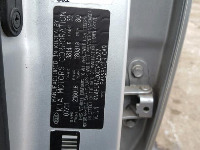 KNAFU4A26C5492527 - 2012 KIA FORTE EX SILVER photo 10