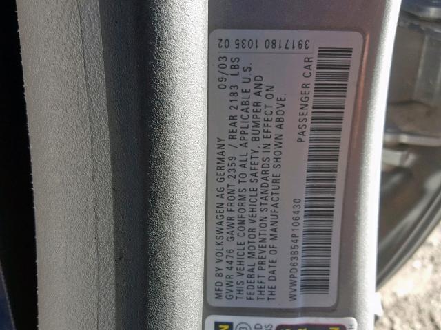 WVWPD63B54P106430 - 2004 VOLKSWAGEN PASSAT GLS GRAY photo 10