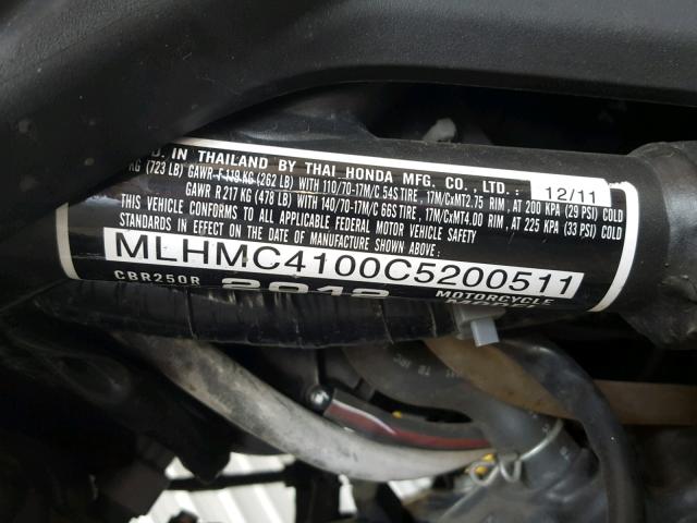 MLHMC4100C5200511 - 2012 HONDA CBR250 R WHITE photo 10