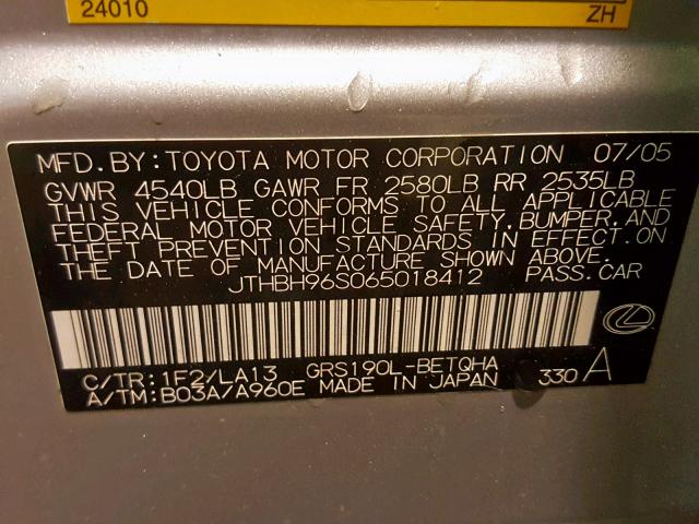 JTHBH96S065018412 - 2006 LEXUS GS 300 GRAY photo 10