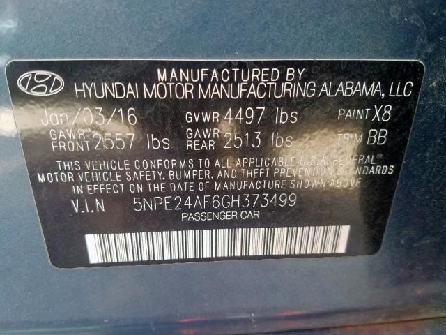 5NPE24AF6GH373499 - 2016 HYUNDAI SONATA SE BLUE photo 10